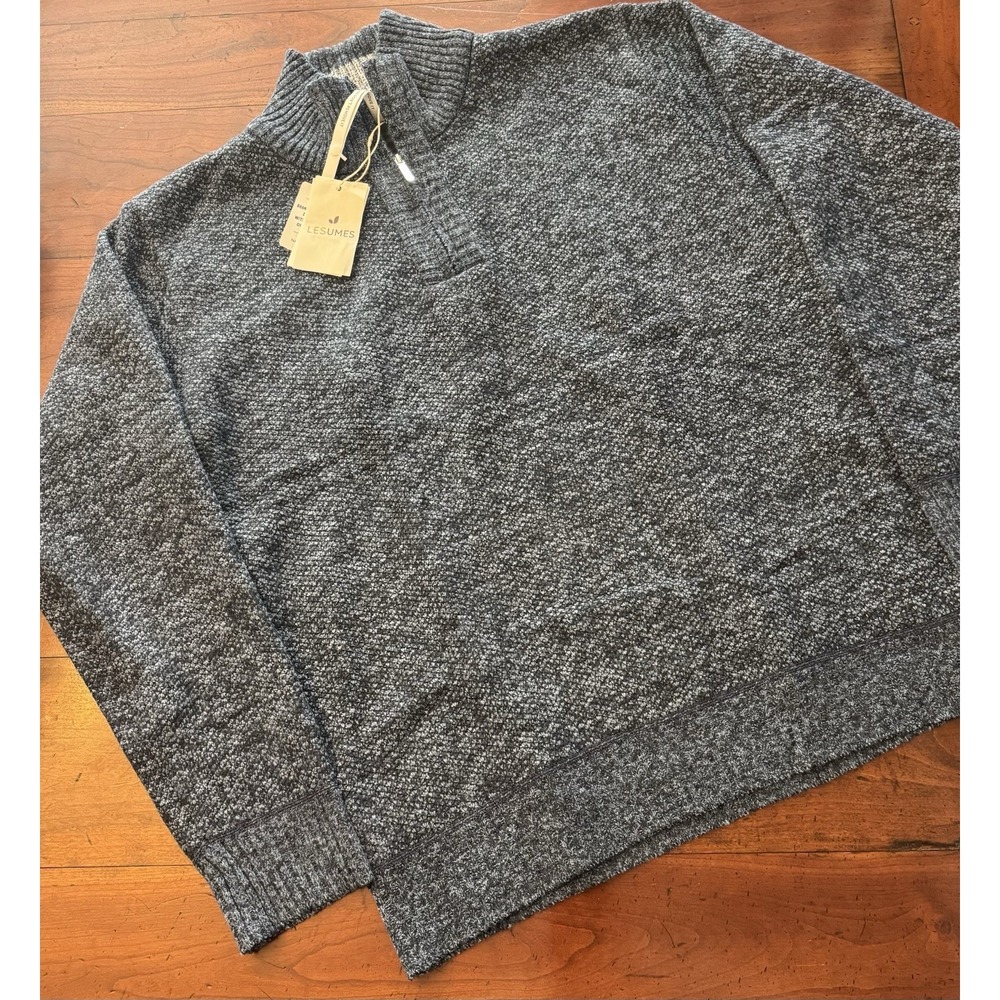 Les Umes Mens Large Knitted Navy‎ Quarter Zip Fleece Lined Sweater